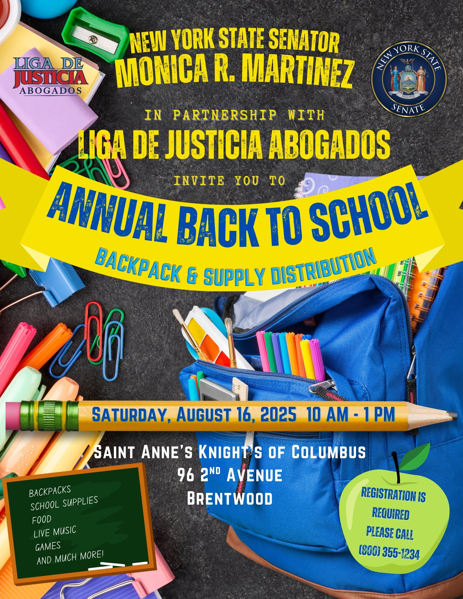 Image of flyer announcing the August 16, 2025 backpack and school supply distribution event in Brentwood.