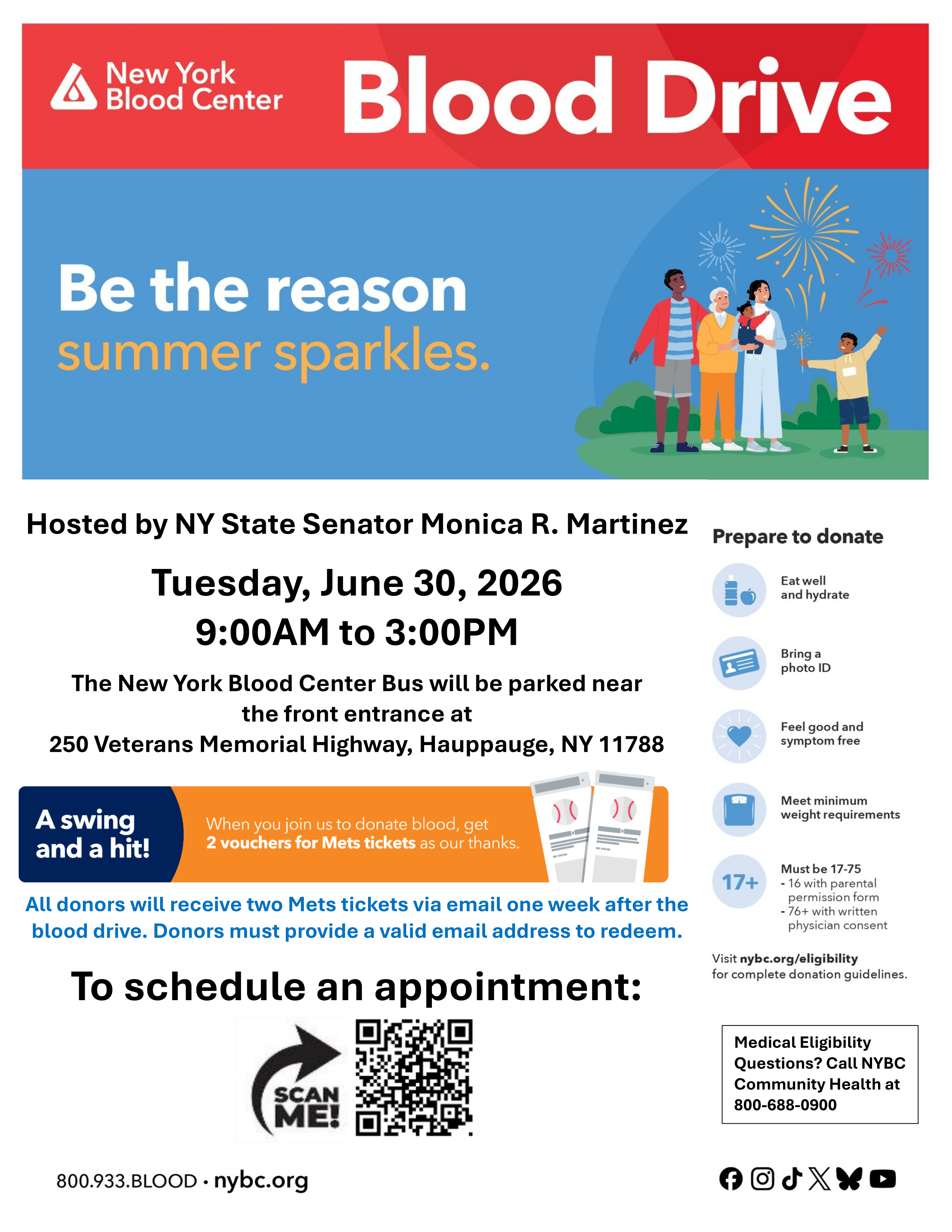 Image of Senator Martinez's June 30, 2026 Blood Drive Flyer