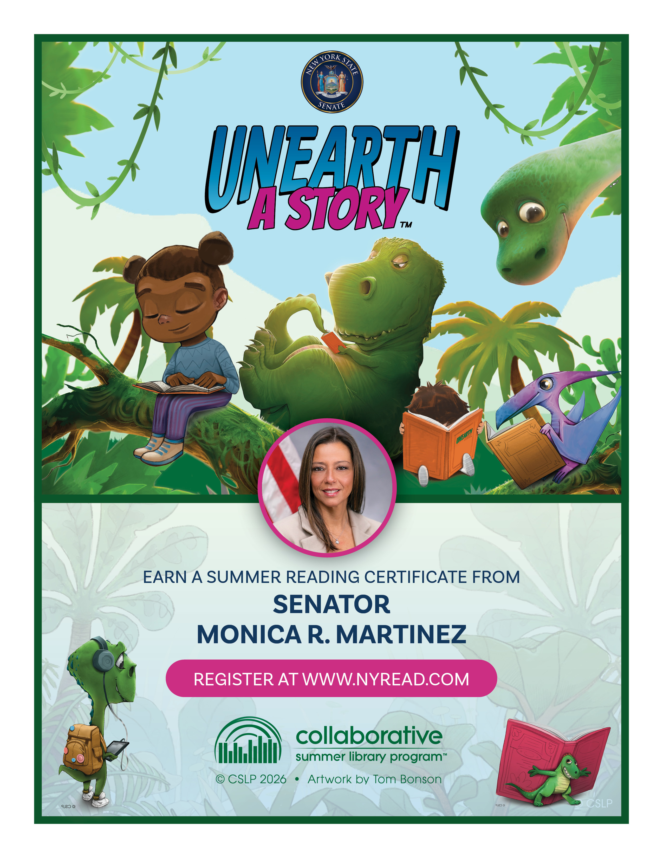 Image of flyer announcing the New York State Senate's 2026 Summer Reading Program with details about the program including the program's logo, website address and photo of Sen. Martinez. 