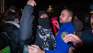 Image of protestor pushing against police officer