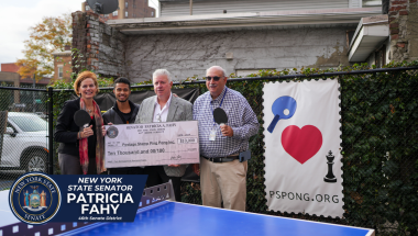 Senator Fahy with stakeholders at the Postage Stamp Ping Pong park in Albany