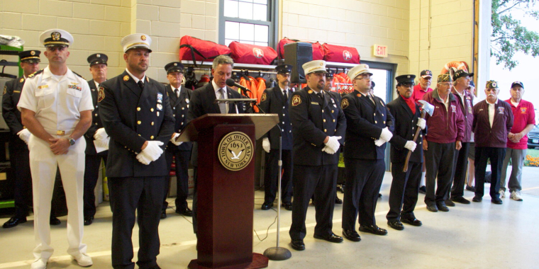 Sen. Jack Martins, second from left, hosted the Sept. 11 ceremony in the hamlet, which included members of local fire departments and veterans.