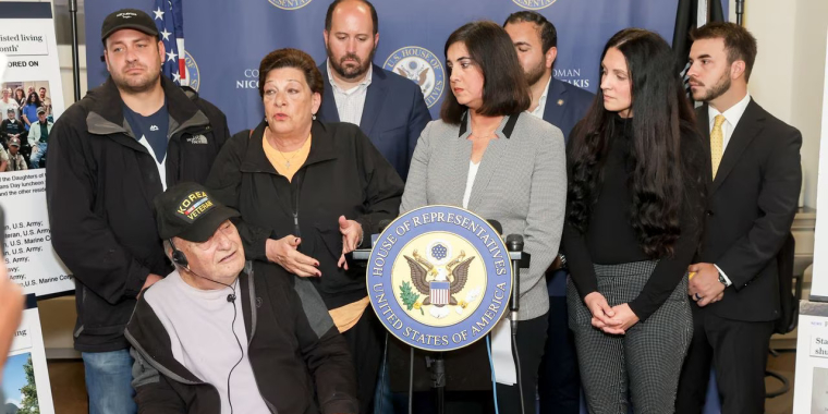 From Left, Michael Annunziata, Frank Tammaro, Barbara Annunziata, Councilman David Carrm(R-Mid-Island), Rep. Nicole Malliotakis (R-Staten Island/Brooklyn), Assemblyman Michael Tannousis (R-East Shore/South Brooklyn), State Sen. Jessica Scarcella-Spanton (D- North Shore/Southern Brooklyn), and Andrew Crawford, a representative from District Attorney Michael McMahon's office, address the media regarding a migrant shelter in Midland Beach. (Staten Island Advance/Jason Paderon)