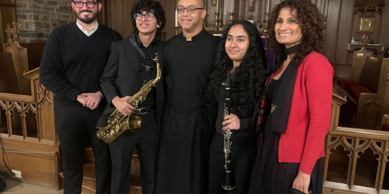 From left Raimondo Graziano, Chief of Staff for Senator Joseph P. Addabbo, Jr.,Joshua and Bianca Quddus,  Father Norman Whitmire, Pastor of All Saints Episcopal Church and Diane Quddus, mother of Joshua and Bianca