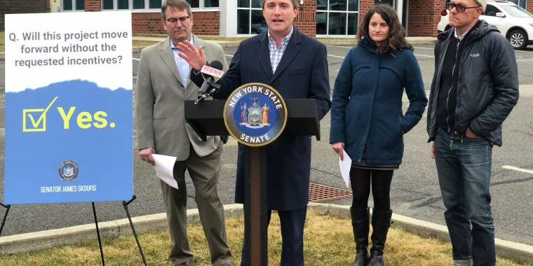 State Sen. James Skoufis announces his proposal for a state-appointed monitor to oversee decisions by the Orange County Industrial Development Agency during a news conference at the IDA’s New Windsor headquarters in February 2023. Skoufis announced on Tuesday that a monitor has been hired.