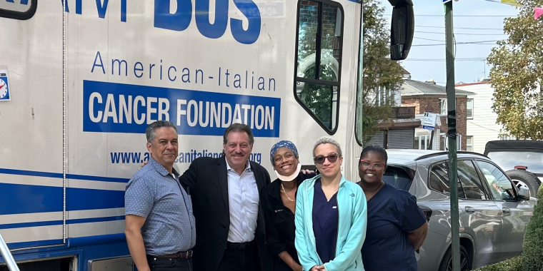Senator Addabbo thanks staffers from the American-Italian Cancer Foundation - Simeon Espinal, Bus driver, Latosha Collins, Mammography technologist, Maria Valdez, Intake Specialist and Regine De La Pena, Registered Nurse.