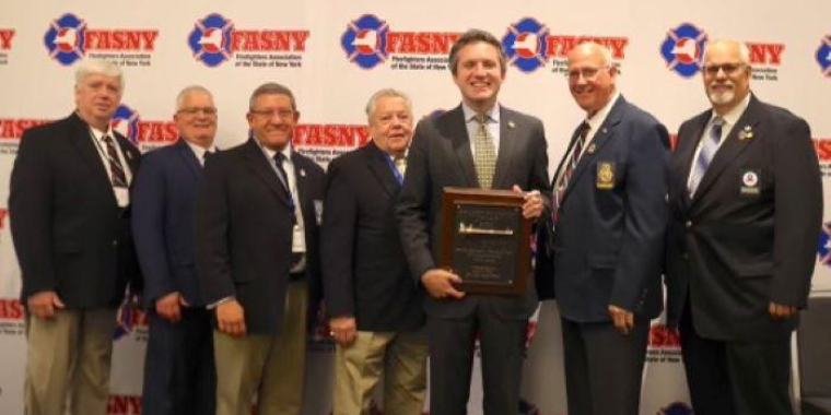 Senator James Skoufis (center) at the FASNY Legislative Conference in Troy on Sunday.