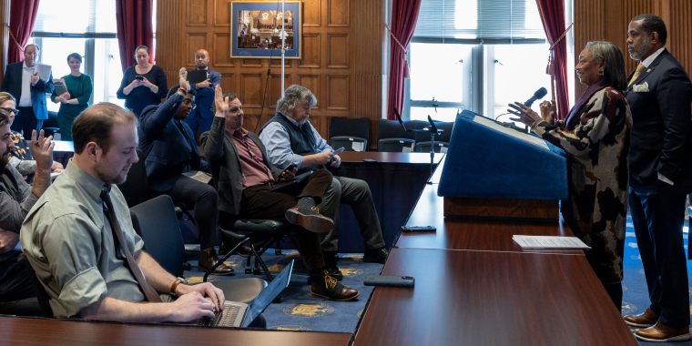 The Senate Majority briefs media.