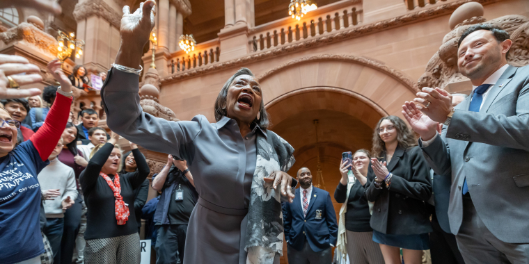 President Pro Tempore and Majority Leader Andres Stewart-Cousins addresses citizens in the State Capitol.