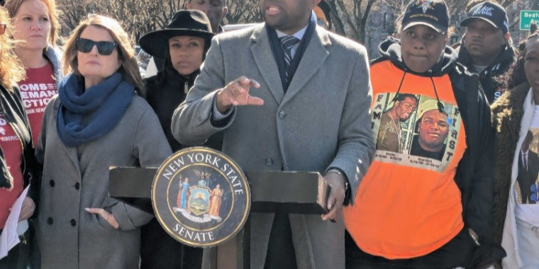 Senator Myrie and Advocates speaking at Gun Violence Press Conference in March 2025