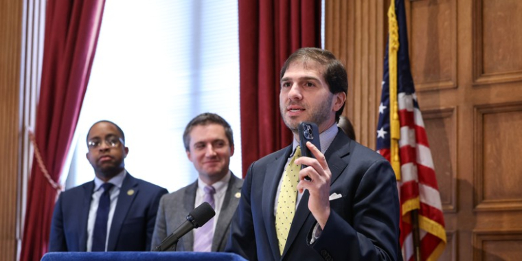 State Senator Andrew Gounardes speaking at a press event.