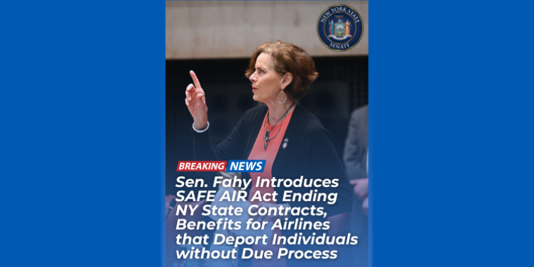 Senator Fahy speaking on the floor, overlayed text of her introducing SAFE AIR Act.