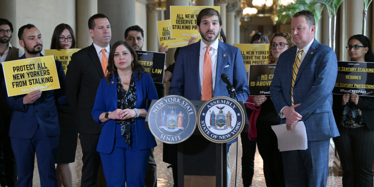 State Senator Andrew Gounardes speaking at a press event in support of the CREEP Act.