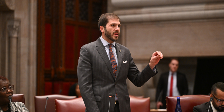 State Senator Andrew Gounardes speaking in the Senate chamber.
