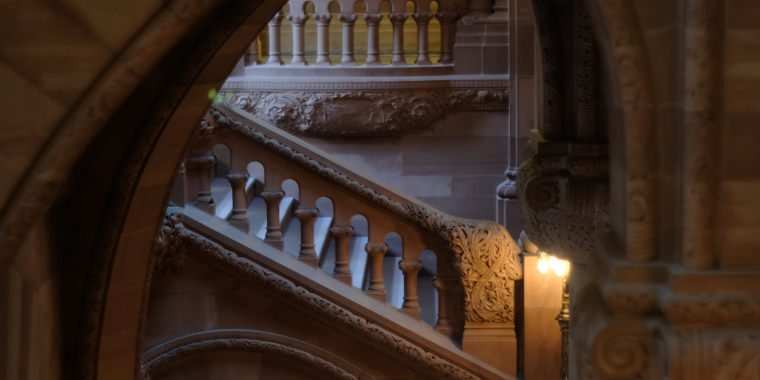 A staircase inside the New York State Capitol.