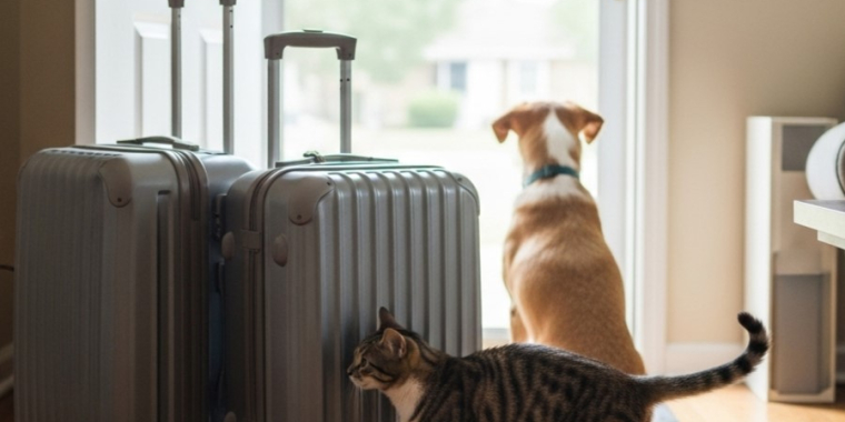 Photo Image of a cat and dog near the front door of a home with suitcases standing nearby.