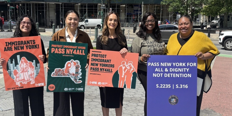 State Senators Kristen Gonzalez and Julia Salazar, and Assemblymembers Claire Valdez, Phara Souffrant Forrest, and Marcela Mitaynes after the 6.2.2025 NY4ALL and Dignity Not Detention Rally in Foley Square