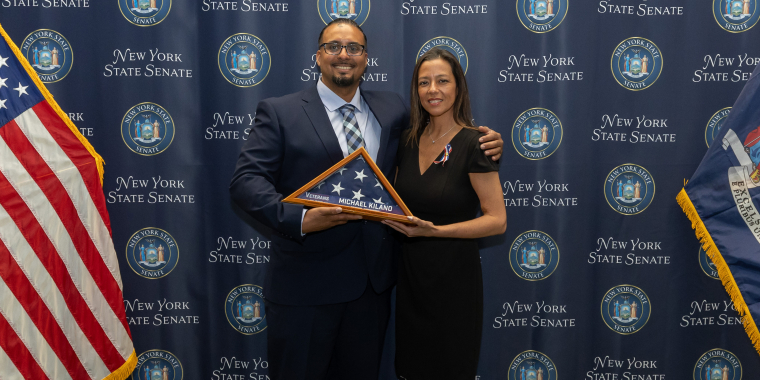 U.S. Marine Corps veteran Michael Kilano and Sen. Monica R. Martinez during the 2025 New York State Senate Veterans Hall of Fame inductees’ reception held on May 27, 2025, in Albany, NY.