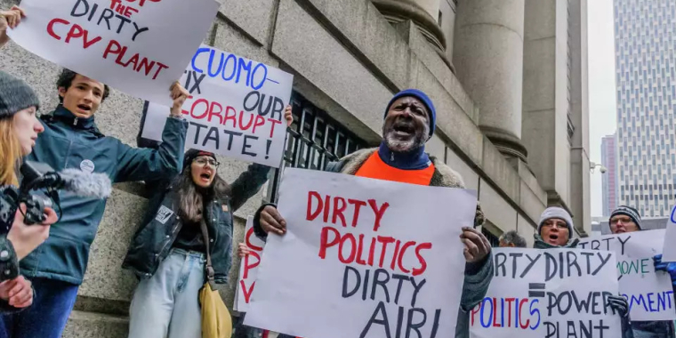 Protesters rally against the CPV power plant in 2018 outside the Thurgood Marshall U.S. Courthouse in Manhattan, where Joseph Percoco, a former top staffer to then-Gov. Andrew Cuomo, was on trial on charges that he had received money to facilitate approvals for the CPV plant. Percoco was found guilty of honest services fraud, conspiracy to commit honest services fraud, and solicitation of bribes and gratuities.
