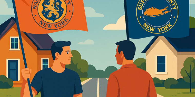 Vector image of cartoon people holding opposing Nassau and Suffolk County flags.