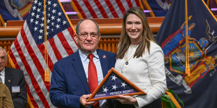 Senator Michelle Hinchey and Patrick Wemitt at the NYS Senate Veterans’ Hall of Fame Ceremony in Albany on Tuesday, May 27, 2025.