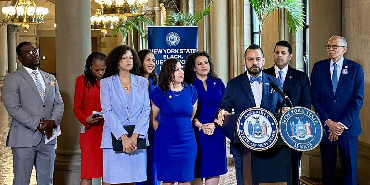 Senator Serrano with his  colleagues in the New York State Black, Puerto Rican, Hispanic, and Asian Legislative Caucus at a press conference to highlight many of the important victories in this year’s state budget