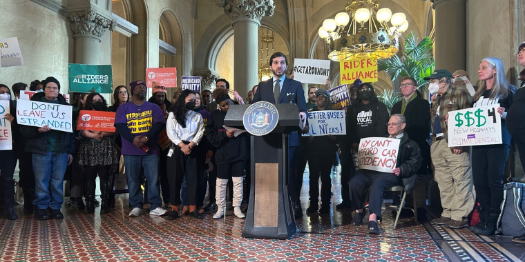 Senator Gounardes rallies in the State Capitol in support of his Get Around NY Act.