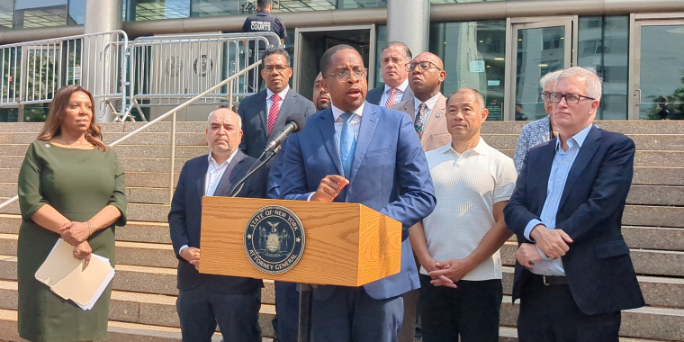 Group standing at courthouse