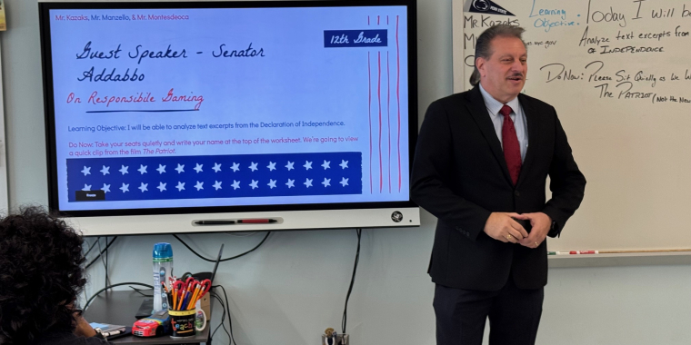 Senator Addabbo greets students at Maspeth High School.