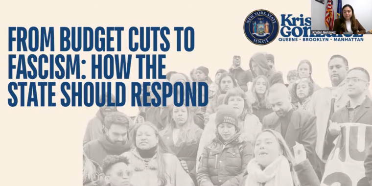 Senator Kristen Gonzalez at her virtual town hall, "Federal Budget Cuts: What We Can Do"