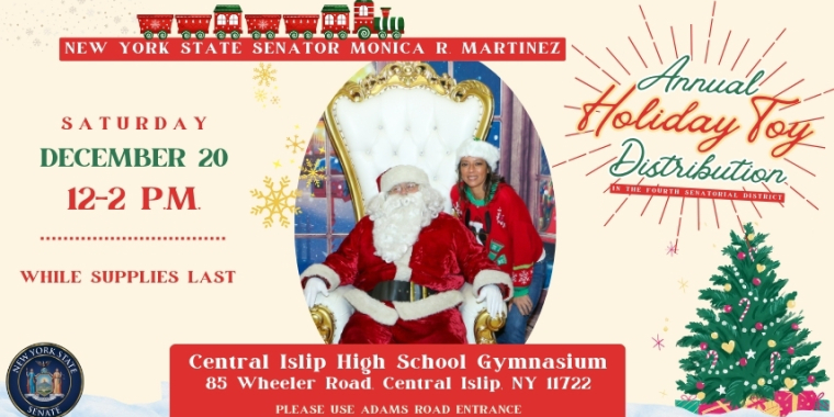 Banner image containing date, time and location details of Sen. Martinez 2025 toy distribution event.
