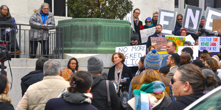 Pat with protestors in front of Albany's federal courthouse