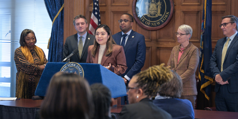 Chair of the Senate Elections Committee, Senator Kristen Gonzalez speaking on the Elections package with Majority Leader Stewart-Cousins, Deputy Leader Gianaris, Senator Myrie, Senator Scoufis, and Senator May | Photo by NY Senate Media