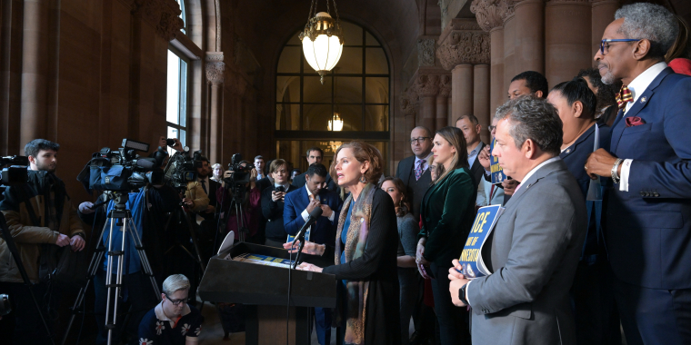 Senator Fahy speaking at press conference
