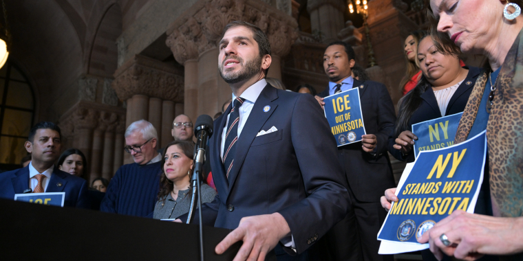Sen. Gounardes speaks against ICE's brutality in Minnesota at a rally.