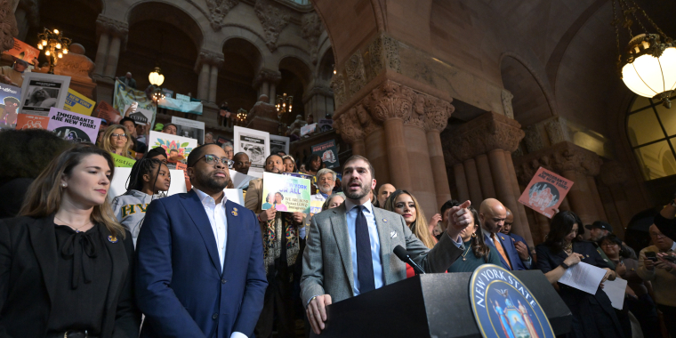 Senator Andrew Gounardes rallying in support of his New York For All Act.