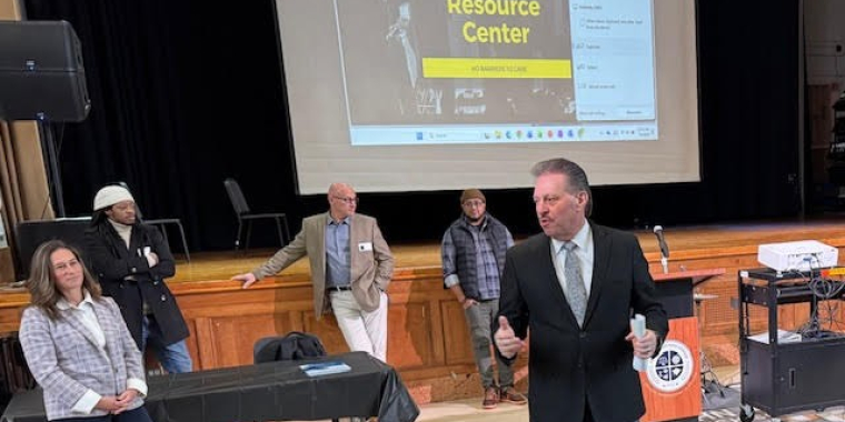 Senator Addabbo speaks with students at John Adams High School about problem gambling.