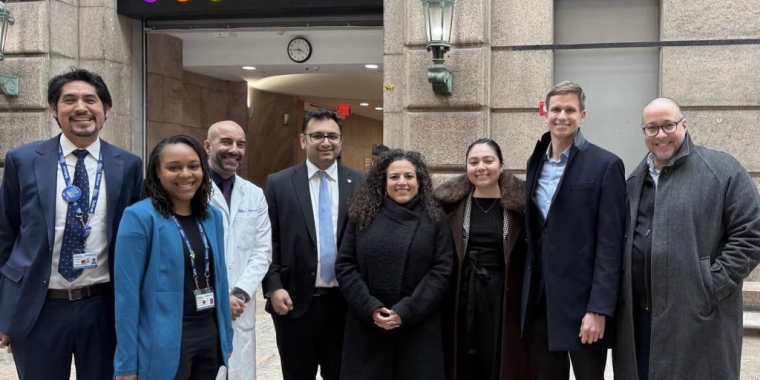 State Senators Kristen Gonzalez, Gustavo Rivera, Erik Bottcher, and Nathalia Fernandez with Bellevue Hospital staff