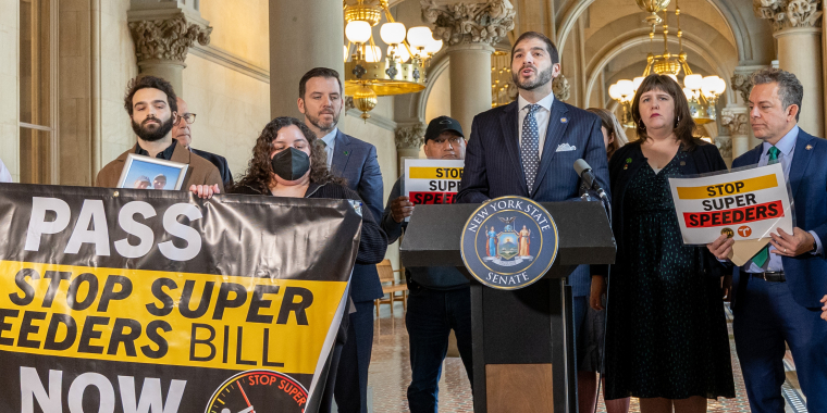 Sen. Andrew Gounardes rallies in support of his Stop Super Speeders Act.