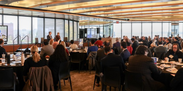 Attendees listen to a fireside chat discussion between Kathy Wylde, president and chief executive at the Partnership for New York City, and Editor-in-Chief Ralph R. Ortega at City & State’s New York Car Insurance Affordability Crisis event, presented in partnership with Citizens for Affordable Rates, at the Museum of Jewish Heritage on Oct. 29, 2025. RITA THOMPSON