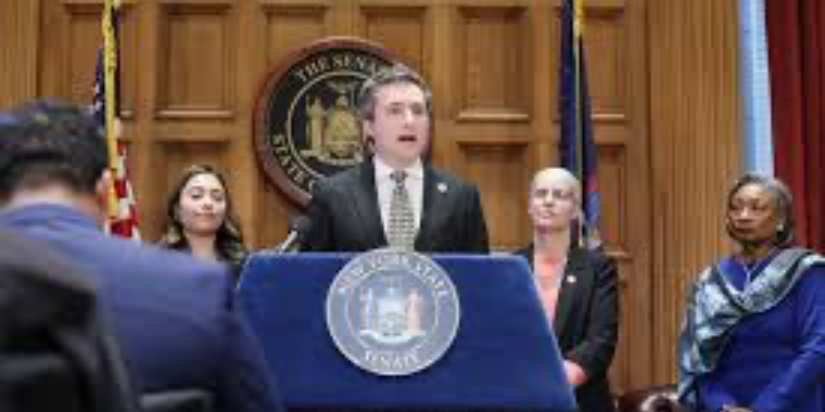 Skoufis speaking in Albany.