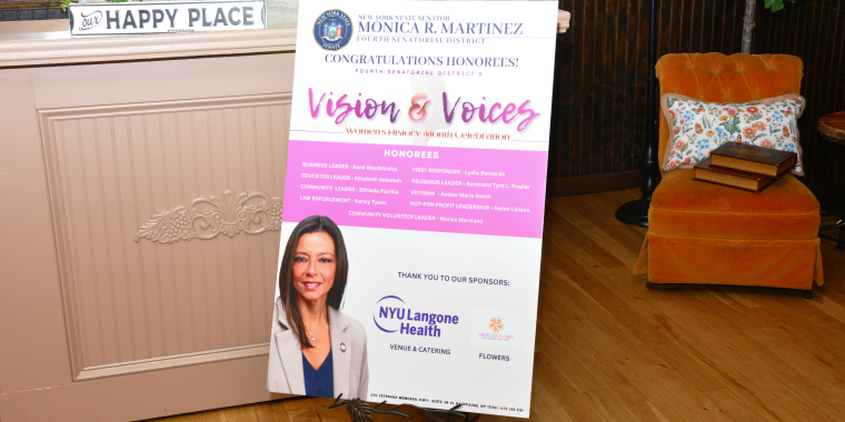 Photo image of a sign in a room welcoming attendees to state Sen. Monica R. Martinez's Women's History Month recognition ceremony.
