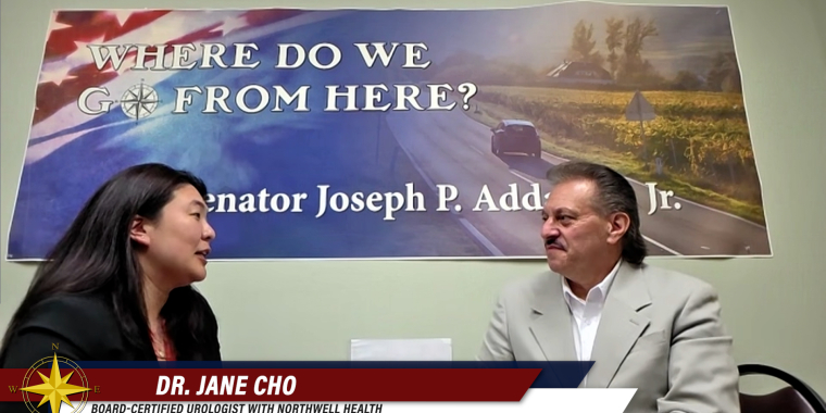 Senator speaks with Dr. Jane Cho.