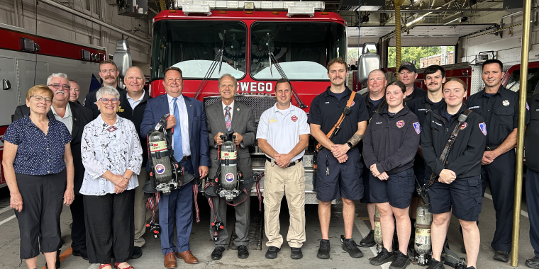 Senator Ryan alongside City of Oswego Fire Chief Paul Conzone, Mayor of Oswego Rob Corradino, Members of the Oswego County Legislature and the City of Oswego Fire Department
