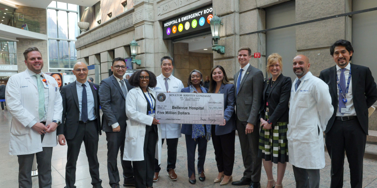 Senator Kristen Gonzalez and Majority Leader Andrea Stewart-Cousins present $5 million check to Bellevue Hospital