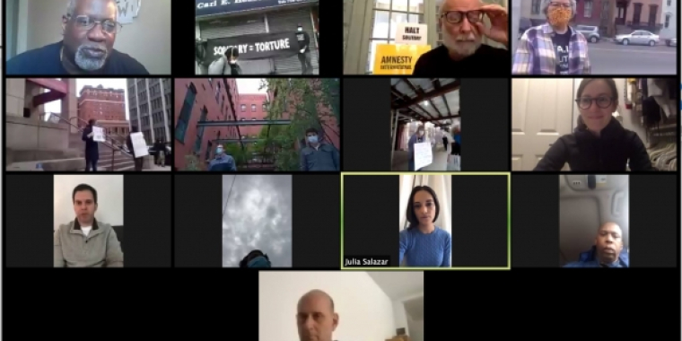 Senator Biaggi on a vide conference call with members of the campaign