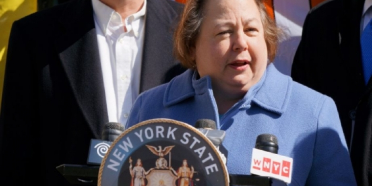Senator Krueger at a press conference