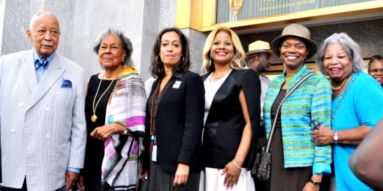 Senator Montgomery joins with David Dinkins and other dignitaries to dedicate the Maya Angelou Forever Stamp on August 20, 2015